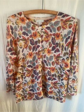 Garnet Hill Signature Eco Merino Cardigan in Cream with Multicolor Floral/Birds